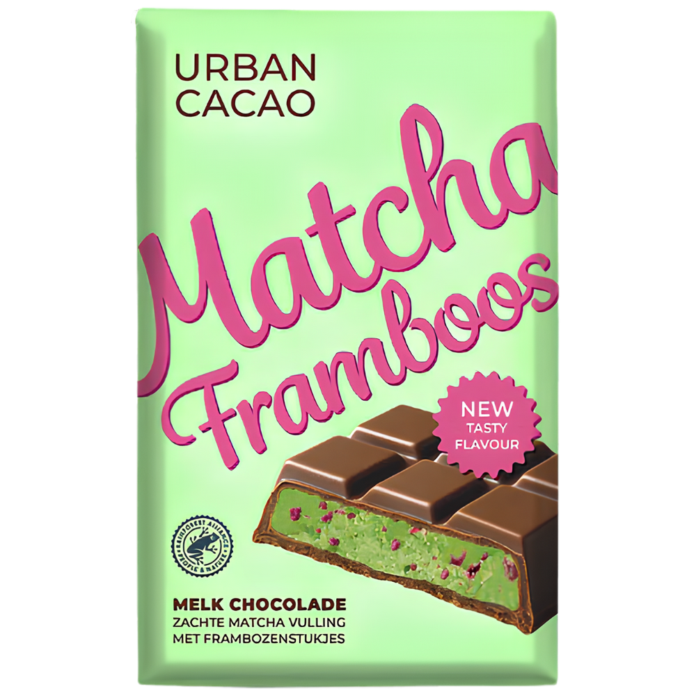 Urban Cacao Matcha Framboos – Tablette de Chocolat au Lait Fourrée Matcha & Framboise