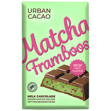 Urban Cacao Matcha Framboos – Tablette de Chocolat au Lait Fourrée Matcha & Framboise