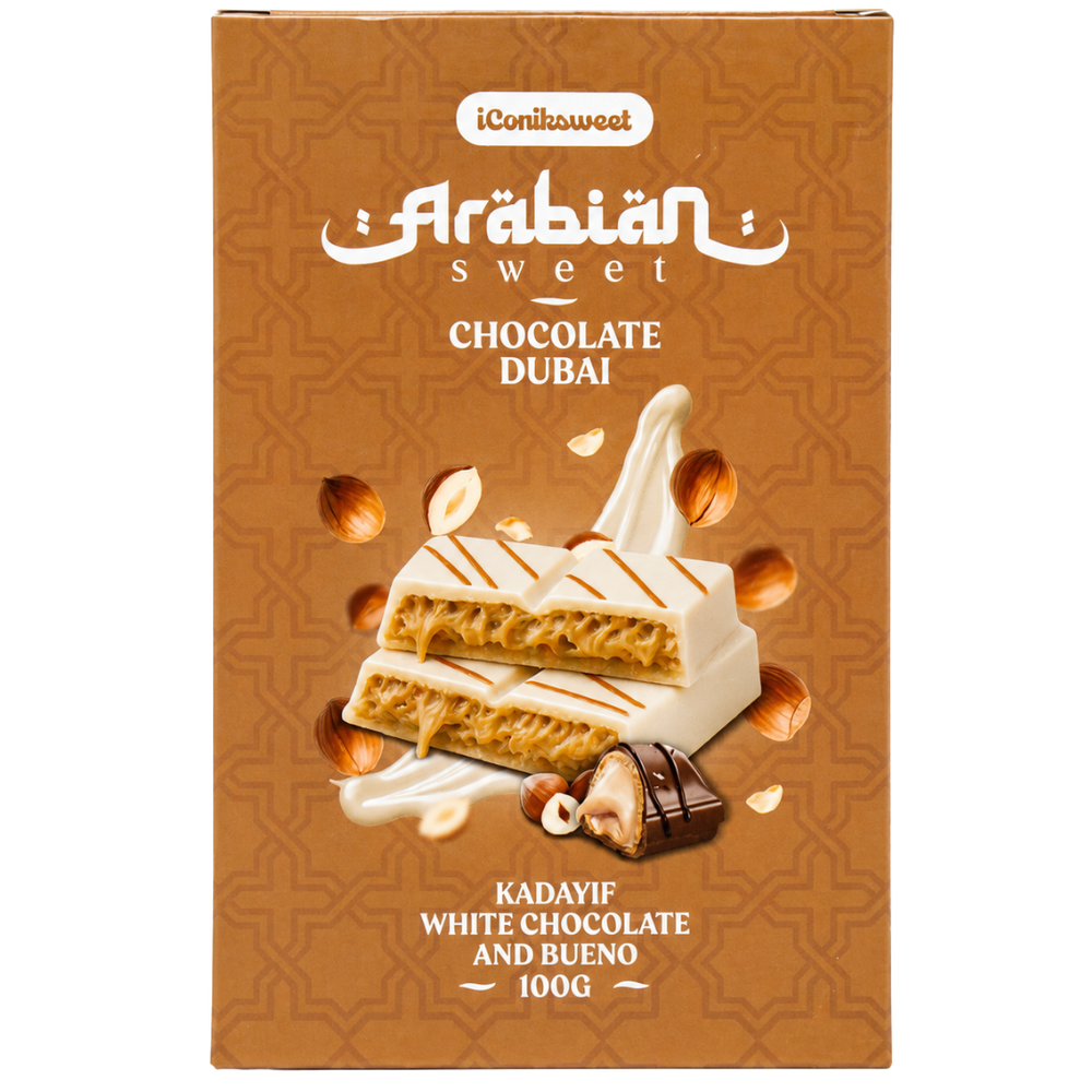 Iconik Sweet Arabian Sweet Chocolate Dubai Kadayif White Chocolate & Bueno – Tablette de Chocolat Blanc Façon Dubaï