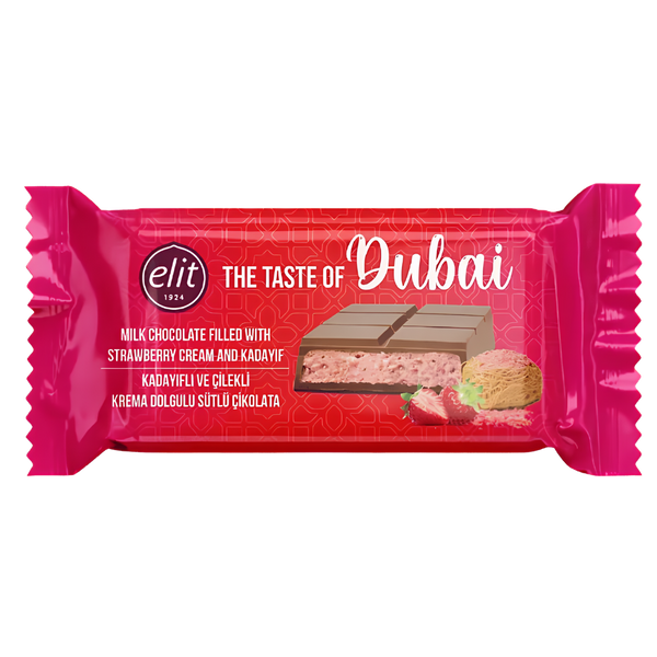 Elit The Taste of Dubai Strawberry & Kadayif – Chocolat au Lait Fourré Fraise et KadaïF dlc 03.08.2026 – produit importé chez Gr’eat Gourmandises