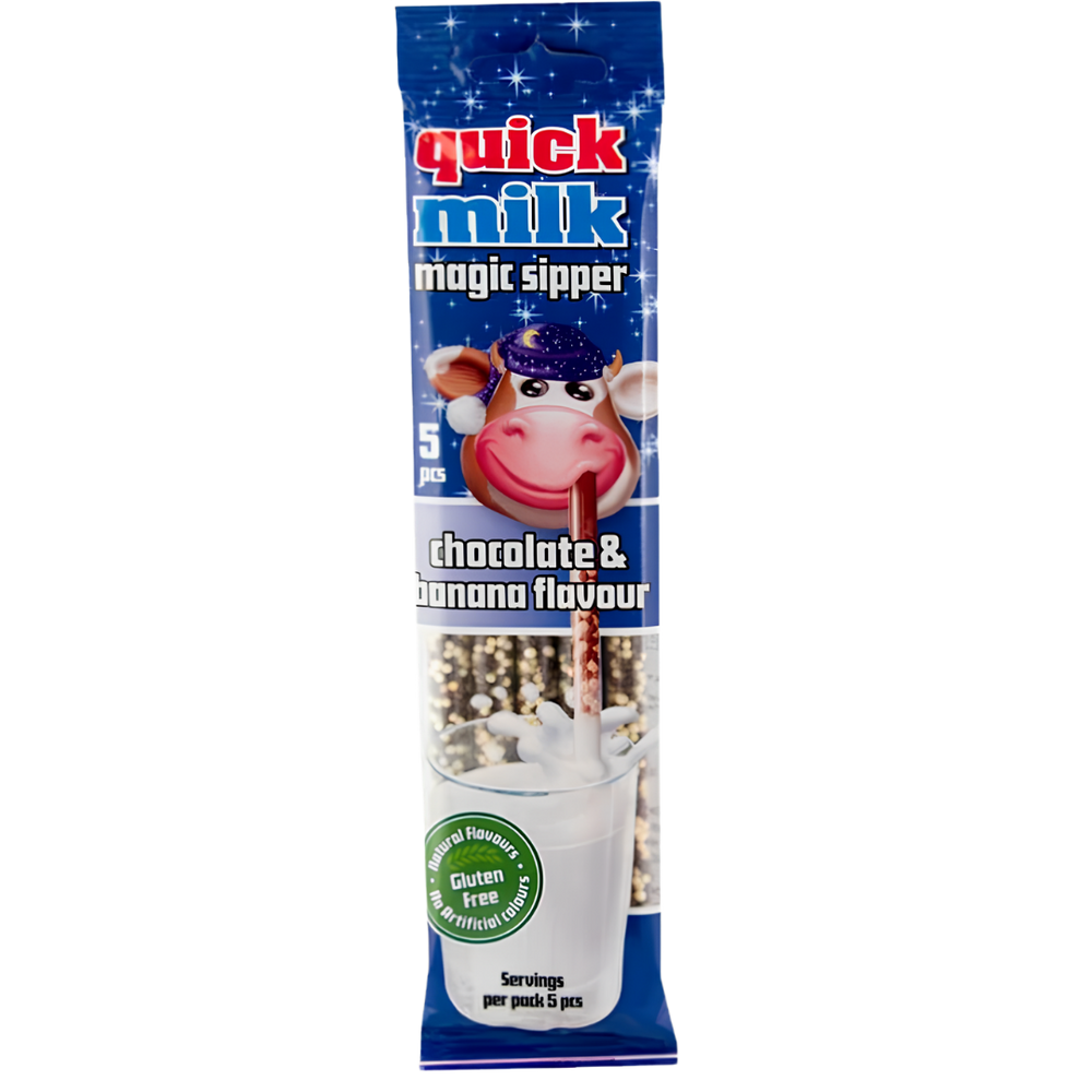 Quick Milk Magic Sipper Chocolat & Banane – Pailles Aromatîsées pour Lait (5 pailles)
